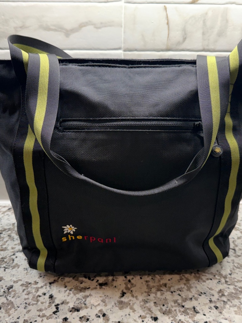 Sherpani Black Canvas Tote Bag, Green Striped Straps, Daisy Logo, Vintage ~2010